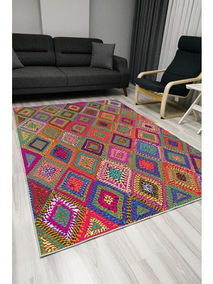 Kilim Home Mars 1007 Renkli Kare Desenli Dekoratif Kaymaz Taban Halı