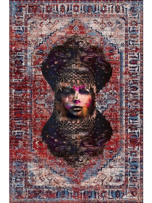 Kilim Home MARS126 Etnik Anadolu Halı Üzerine Kadın Suratı Dekoratif Salon Halısı Saçaklı Yıkanabilen Halı