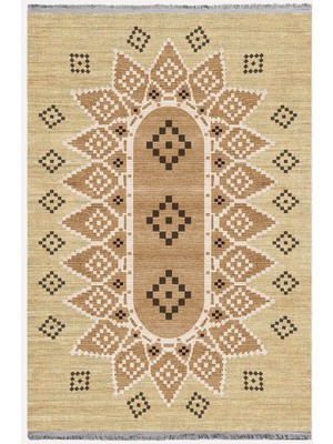 Kilim Home MARS105 Jut Tonlarında Klasık Dekoratif Kilim Salon Halısı Saçaklı Yıkanabilen Halı
