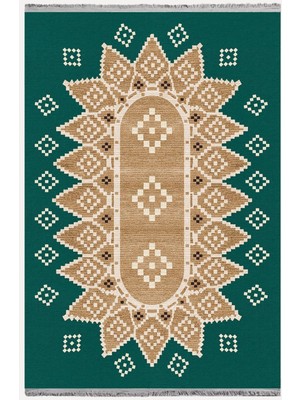 Kilim Home MARS106 Yeşil Tonlarında Klasık Dekoratif Salon Halısı Saçaklı Yıkanabilen Halı