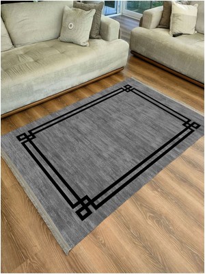 Kilim Home Mars Serisi Gri Siyah Çerçeveli Etnik ve Geometrik Desen Kaymaz Taban Şönil Halı