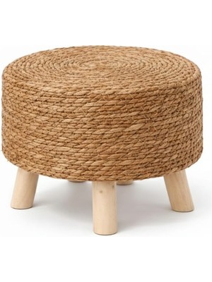 CNRWOOD Doğal Hasır Jüt Sarım Ahşap Ayaklı Bohem Dekoratif Tabure – Büyük Boy