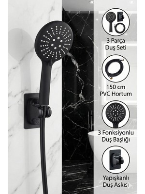 Plodna House Siyah 3 Fonksiyonlu Duş Başlığı Seti – Yüksek Basınçlı, Su Tasarruflu & Dayanıklı Pvc Hortumlu