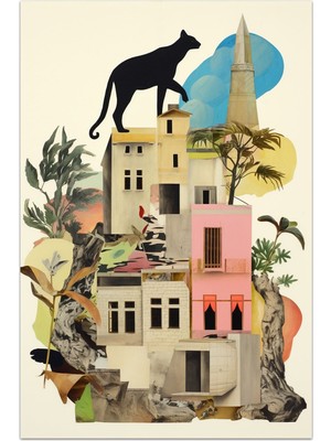 Kilim Home Mars 158 Kedi ve Şehir Temalı El Çizimi Stili Dokuma Taban Halı