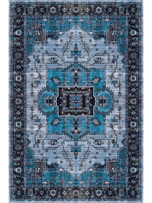 Kilim Home Mars 2251 Mavi Bordürlü Modern Yıkanabilen Dokuma Taban Dekoratif Halı