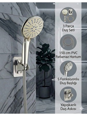 Plodna House Elvis 3’lü Yüksek Basınçlı 5 Fonksiyonlu Duş Seti | Pvc Hortumlu | Mafsallı Askı