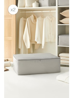 Ocean Home Textile 2'li Büyük Boy Gri Balıksırtı Baza Altı Hurç Set 62 x 46 x 22 cm