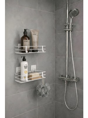 Sas Haus Tek Katlı Duş Rafı – Kancalı Banyo Şampuanlık & Organizer 2 Adet Beyaz Tş-01