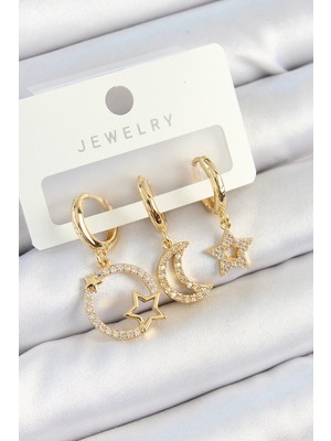 Azrlya Pirinç Zirkon Taşlı Yıldız ve Ay Model Gold Renk 3'lü Kadın Küpe Set - Lisinya