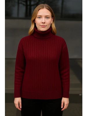 Marsilyan Balıkcı Yaka Bağazlı Triko Kazak Pamuklu Kalın Fitilli Dokuma - Bordo