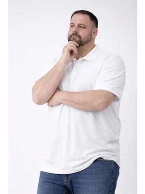 Marsilyan Erkek Pike Kumaş Düğmeli Yaka Battal Büyük Beden Günlük Kısa Kol Tişört T-Shirt - Beyaz