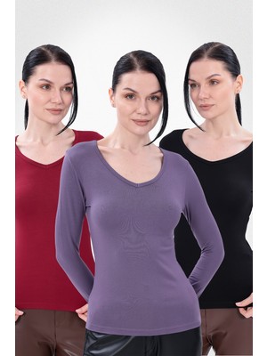 Yade Fashion V Yaka Uzun Kollu Kadın Body  3\\\'lü Set