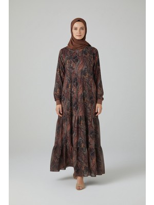 Kadın Şal Desenli Içi Astarlı Uzun Şifon Elbise