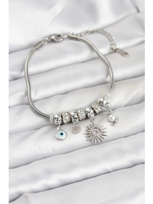 İsmiyle Al Pirinç Gümüş Renk Güneş Charmlı Kadın Bileklik