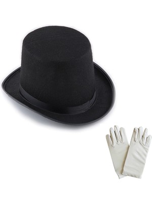 İsmiyle Al Siyah Sihirbaz Fötr Şapka ve Beyaz Sihirbaz Eldiveni Seti - Yetişkin Boy