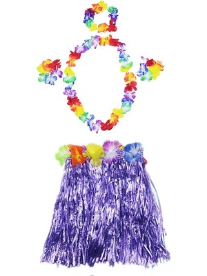 İsmiyle Al Luau Aloha Hawaii  Kolye Etek Taç ve Bileklik Seti Mor (5047)
