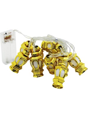 İsmiyle Al KUBBE=10PCS Gold Metal Pilli Dekoratif Ramazan LED Işık - Lamba 2mt Kablo (5047)