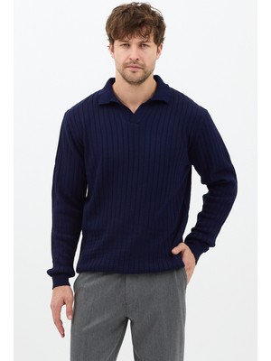 Tarz Cool Erkek Uzun Kollu Polo Yaka Triko Kazak Bej Renk Slim Fit Tasarım
