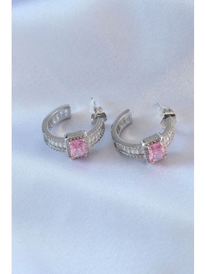 İsmiyle Al Vıp Seri Gümüş Renk Yarım Halka Model Zirkon Taşlı Pirinç Kadın Küpe