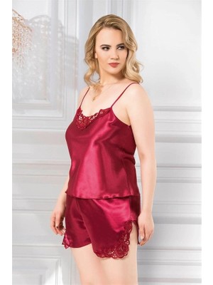 Letsii Büyük Saten Babydoll Şort Takımı Bordo Renk