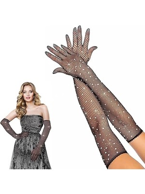 İsmiyle Al Siyah Renk Incili Elmas Işlemeli File Örgü Uzun Eldiven 45 cm (5047)