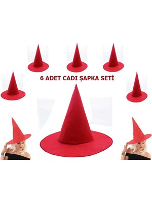 Skygo Kırmızı Renk Keçe Cadı Şapkası Yetişkin Çocuk Uyumlu 6 Adet