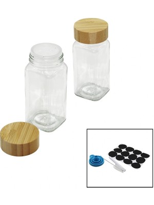 İsmiyle Al 12 Pcs Takım Kare Cam Baharatlık - Tuzluk Bambu Kapaklı (5047)