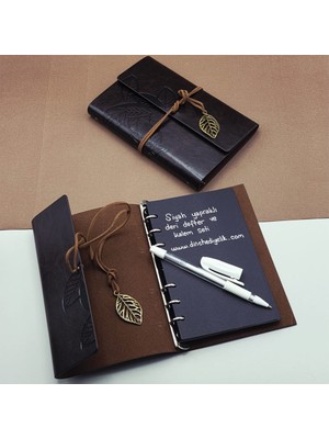 Skygo Beyaz Jel Kalem ve Siyah Yapraklı Deri Hatıra Defteri