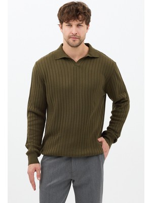 Tarz Cool Erkek Bej Slim Fit Uzun Kollu Polo Yaka Triko Kazak