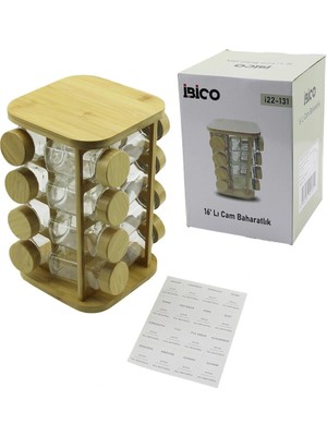 İsmiyle Al 16PCS Kare - Döner Standlı Cam - Bambu Kapak Tuzluk - Baharatlık Bambu Stand (5047)