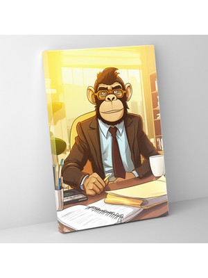 Popcas  Insan Gibi Giyinen Hayvanlar Kanvas Tablo Iş Ofisi Için Duvar Dekorasyonu - Maymun