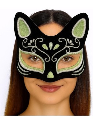 İsmiyle Al Siyah Renk Süet Kaplama Üzeri Gümüş Yeşil Simli Kedi Maskesi 17X14 cm