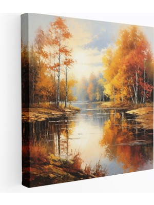 Popcas  Sonbahar Manzarası Kanvas Tablo Renkli Ağaçlar ile Huzurlu Göl