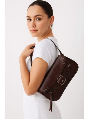 World Star Koyu Kahverengi Kuşgözü Detaylı Mini/küçük Kadın City El ve Omuz Çantası