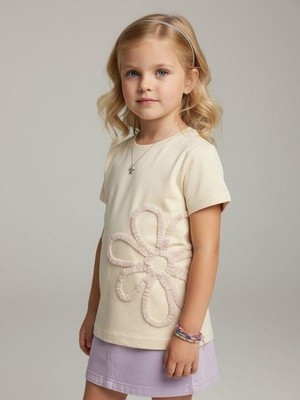 Zekids Kız Çocuk Çiçek Nakışlı Tasarım T-Shirt