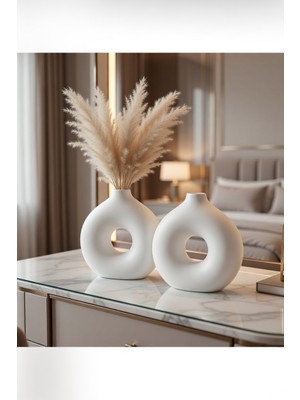 Safir Design Modern Donut Tasarım 2'li Vazo Seti - Doğal Pampas Otu Hediyeli Dekoratif Obje Takımı