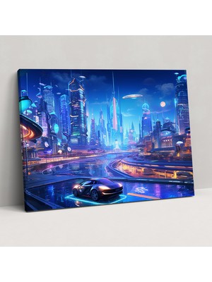 Popcas  Şehir Manzarası Duvar Sanatı Neon Işıklar Gökdelenler