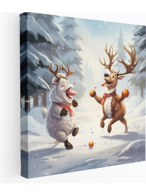 Popcas  Noel Kanvas Tablo Eğlenceli Karikatür Illüstrasyon Geyik ve Karadam Savaşı