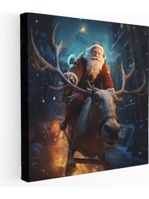 Popcas  Noel Baba Kanvas Tablo - Noel Baba Uçan Geyik ile Kızak Sanatı