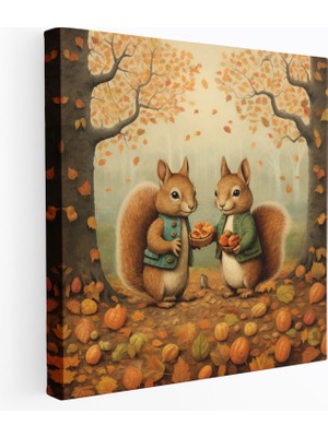 Popcas  Sonbahar Temalı Kanvas Tablo Oynak Sincaplar ve Meşe Palamudu Deseni