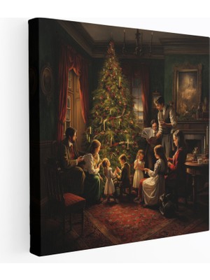 Popcas  Noel Kanvas Tablo Geleneksel Aile Buluşması Güzel Dekore Edilmiş Noel Ağacı