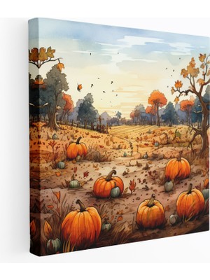 Popcas  Sonbahar Balkabağı Tarlası Suluboya Kanvas Tablo Duvar Dekorasyonu