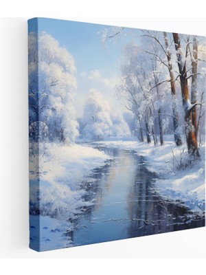 Popcas  Noel Kanvas Tablo Huzurlu Kış Manzarası Donmuş Göl Temalı Duvar Sanatı