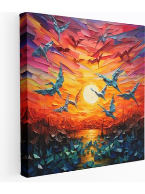 Popcas  Asya Kanvas Tablo Renkli Origami Sanatı ile Günbatımı Gökyüzü Duvar Sanatı