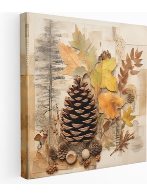 Popcas  Sonbahar Yaprakları Karışık Medya Duvar Sanatı Çam Kozaları Kanvas Tablo