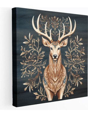 Popcas  Noel Geyiği Rustik Ahşap Illüstrasyon Kanvas Tablo Duvar Dekorasyonu