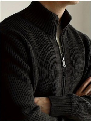 Tarz Cool Erkek Dik Yaka Fermuarlı Slim Fit Triko Hırka