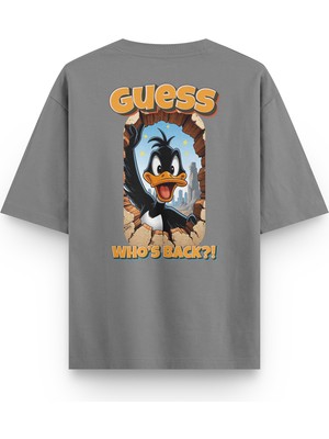 Overoz Who's Back Daffy Duck Sırt Baskılı Yarı Oversize Gri Tshirt 1393