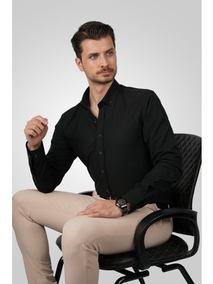 Etikmen Siyah Yaka Düğmeli Premium Şamre Slimfit Erkek Gömlek
