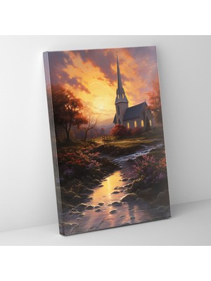 Popcas  Kilise Günbatımı Kanvas Tablo Ev Dekorasyonu Için Şakaklı Günbatımı Manzaralı Tablo